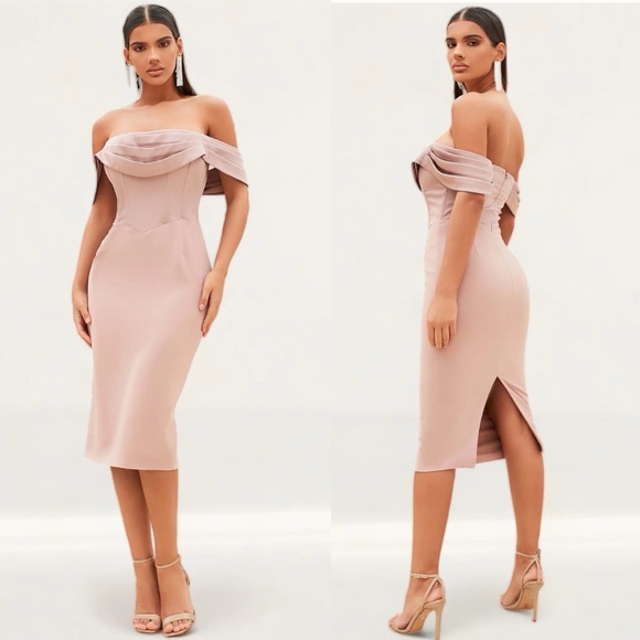 Lavish Alice Dresses & Skirts - NWT Lavish Alice Mink Pleated Bardot Satin Mix Midi Dress